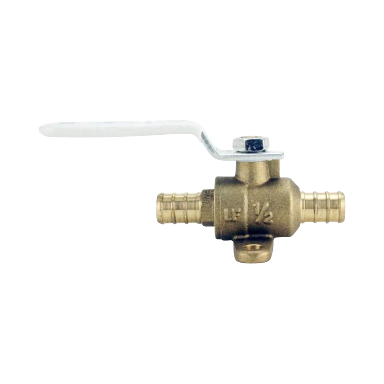 A Go Build 1/2 in. Brass PEX Barb Ball Valve with Drain & Mounting Pad, featuring barbed hose connections on both sides, ideal for PEX plumbing systems, isolated on a white background.